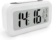 Digital Alarm Clock LED Display, Bedside Snooze Smart Alarm Clock for Heavy Sleepers, Digital Clock with Temperature Travel Portable Alarm Clock for Bedroom Table and Travel, White