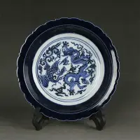 在飛比找Yahoo!奇摩拍賣優惠-大明宣德祭藍釉手繪青花龍鳳紋瓷盤純手工古玩古董瓷器收藏#茶盤