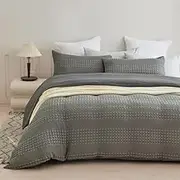 100% Cotton Striped Large Waffle Pattern Grey Quilt Doona Duvet Cover Set (King)