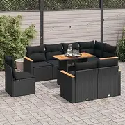 9 Piece Garden Sofa Set with Cushions Black Poly Rattan Acacia Patio Bar Sets