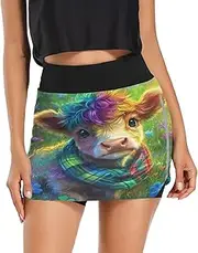 [RPLIFE] Cute Highland Cow Flowers Field Mini Golf Skort, High Waisted Skort with Pockets, Elastic Waist Skirt
