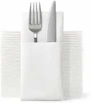JEBBLAS Disposable Cloth Like Paper Napkins, Built-in Flatware Pocket, Wedding Party Linen Feel White Napkin, Prefolded for Silverware, 50 Count