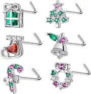 [Izpack] 6Pcs 20G Christmas L-Shaped Nose Rings Studs for Women Men Stainless Steel Crystal Cubic Zirconia Xmas Tree Jingle Bell Gift Box Candy Cane Stocking Wreath Nostrial Piercing Body Jewelry Nose Screw