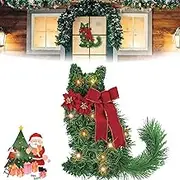 Cat Christmas Wreaths for Front Door, Green Cat Wreath Christmas with LED Lights,cat Christmas Wreath, with Red Bow Artificial Pine Needles for Home Pendant Decoration (1pc)