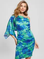 GUESS Women's Eco Blue Floral One Shoulder Sadie Mini Dress Size: Medium, Elastane