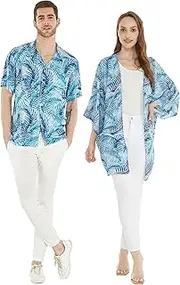 [Hawaii Hangover] Matchable Couple Hawaiian Luau Shirt or Kimono in Simply Blue Leaves