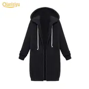 Plus Size Casual Thicken Hooded Women Zip Up Long Sweater black XXXXXL