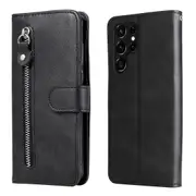 Pu Leather Flip Case Zipper Pocket Design Wallet Stand Anti-drop Case For Samsung Galaxy S22 Ultra 5g - Black