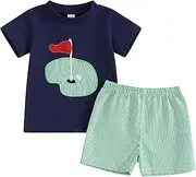 [Chloefairy] Toddler Baby Boy Golf Outfit Golf Hole T Shirts Top Plaid Shorts Set 2Pcs Golf Birthday Infant Summer Clothes