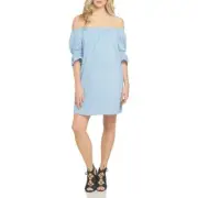 1.STATE Women's BLUE WHITE Striped OFF THE SHOULDER Peasant Shift BOHO DRESS M