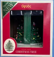 Spode Christmas Tree Coaster Set: 4 Coasters w Porcelain Holder, New in Box