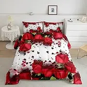 Feelyou Rose Comforter Red Rose Petals Bedding Set Floral Bouquet Botanical Design Comforter Set Romantic Flowers Microfiber Duvet Set Valentine's Day Couple Lover Room Decor Quilt Set King Size