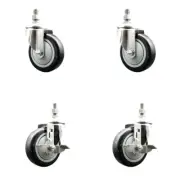 4 Inch 316SS Black Polyurethane Swivel 3/8 Inch Threaded Stem Caster Set 2 Brake