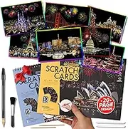 20 PCS Cityscape Scratch Art Book for Teen & Adults: DIY Colorful City Series Painting Paper | ASMR Stress-Relief Engraving Kit Scratchboard | DIY Sketch Card Creative Craft Toy (Rainbow Landmarks)