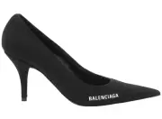 Balenciaga Knife Recycled Knit Black White Logo Pointed Toe Mule Heel Pump 37.5