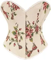 [SHYMMUO] Daisy Floral Print Overbust Corset Top Sexy Fashion Lace Up Boned Cotton Waist Shaper Camel