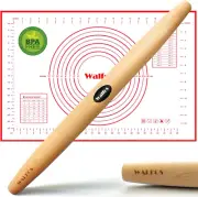 WALFOS French Rolling Pin and Silicone Baking Mat Set, Non-Stick Beech Wood Roll