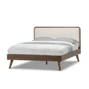 Stella Mid Century Queen Size Bed in Walnut with Upholstered Beige Fabric Panel Headboard