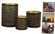 Set of 3 Black and Gold Metal Candle Holders for use with Pillar, Votive and