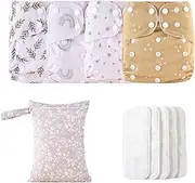 Reusable Cloth Diapers, Adjustable Reusable Baby Cloth Diapers, 4X Waterproof Cover, Absorbent & Breathable Liners with 4 Inserts & 1 Wet Bag, Prevents Staining