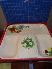 PORCELAIN WHITE FRUIT DESIGN CONDIMENT DIVIDED CHIP DIP DISH WITH LID 12 1/2"