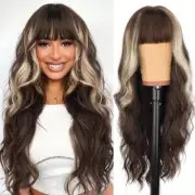 Brown Mixed Light Blonde Wig with Bangs Long Wavy Wig for Women Synthetic Hai...