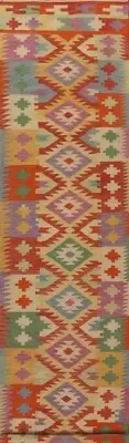 Flat weave Geometric Reversible Kilim Narrow/ Long Runner Rug 3' 3" x 16' 5"