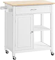 HOMCOM Kitchen Island Cart, Rolling Kitchen Island with Storage Shelf, Solid Wood Top, Drawer, for Dining Room, White