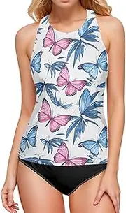 [Joisal] Tankini High Neck, Swim Top with Built in Bra, Elegant Flowers Womens Tankini Bathing Suit Tops, Small