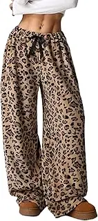 [Vhitler] Women's Y2K Grunge Fluffy Leopard Pants, High Waisted, Brown, Short, Polyester, Wide Leg, Loose Fit, Plush, Pull On, Machine Wash, Flat Front, Stretchable, No Pockets