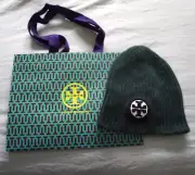 $138 Tory Burch Color Block Logo Embroidered Merino Wool Beanie Hat Green NWT