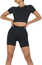 [LNYHLXS] Fitness Wear Short Sleeve Peach Butt Shorts Running Exercise Shorts Two-Piece Yoga Set