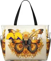 [Ghjkfbf] Sunflower Butterfly Print Large Capacity Beach Travel Bag For Family, Beach Tote Bag For Women With Zipper Pockets, Black, One Size