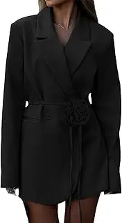[DSAoTeng] Women Solid Color Notched Lapel Collar Button Up Long Sleeve Slim Blazer-with 3D Flower Belted Casual Button Open Jacket for Work Wear