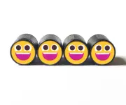 Smiling Happy Face Emoji (Style 2) Tire Valve Caps - Black Aluminum - Set of 4