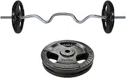 Total 25kg -120cm Super Curl Barbell Bar Weight Set + 20kg Cast Iron Weight Plate - - Weight Training Exercise Workout Fitness Gym Strength