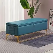 Storage Ottoman Bench with Side Pocket Upholstered Ottomans Footrest Stool Rectangle Entryway Shoe Bench with Hinged Lid End of Bed Bench for Bedroom Living Room(Color:Blue,Size:80x40x40cm)