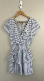 American Eagle Linen Blend Dress Sz Small Blue White Striped Ruffles Linen Blend
