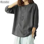 ZANZEA 女式韓版 3/4 袖圓領鈕扣袖口人造牛仔襯衫