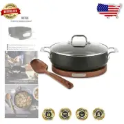 Stylish 4Qt Induction-Compatible Nonstick Sauteuse with Acacia Trivet & Spoon