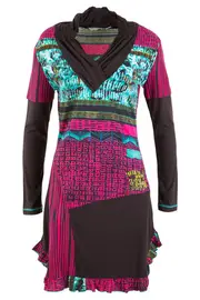 V Neck Mix Print Frill Edge Tunic--ORI-62025