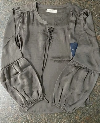 Lucky Brand Top Blouse Gray Long Sleeve Round Neck 1/4 Tie Front Sz XS Free Ship