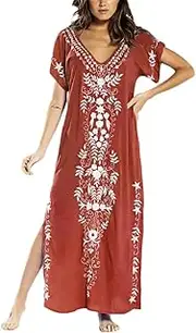 [Bsubseach] Women Embroidery Short Sleeve Bikini Swimsuit Cover Up Side Split Beach Kaftan Dress
