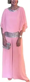 [SUYUKU] Women 2 Piece Sequin Elegant Set for Women Loose Solid Color Casual Two Piece Outfits Summer Chiffon Semi Formal Pants Suits for Wedding Evening Party Comfortable Pants Suit