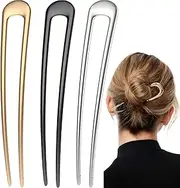 Metal French Hair Pin for Women and Girls, 3 Pcs Vintage Gold & Silver & Black Pins for Thick Hair, U-Shaped Large Hair Pins for All Hair Types, Hair Sticks for Buns, French Twist Hair Pin, Hair Fork