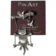 Vintage 1990s Spoontiques J&J Cat On Swing Pewter Colored Pin Brooch 3"