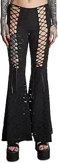 Dolls Kill Beyond The Woods Flare Pants by Widow – Gothic Lace-Up Flared Pants with Shredded Hole Design
