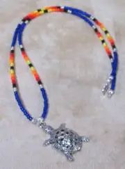 New 1.5" Silver Tone Turtle Pendant & 22" Blue Beaded Necklace C Johnson