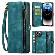 CaseMe For Apple iPhone 14 Pro Zipper & Detachable Retro Leather Pouch Wallet Flip Purse Bag Detachable Phone Case Cover (Sky Blue)