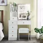 New Dressing Table Stool Set with LED Sliding Mirror Vanity Desk and 6 Drawers